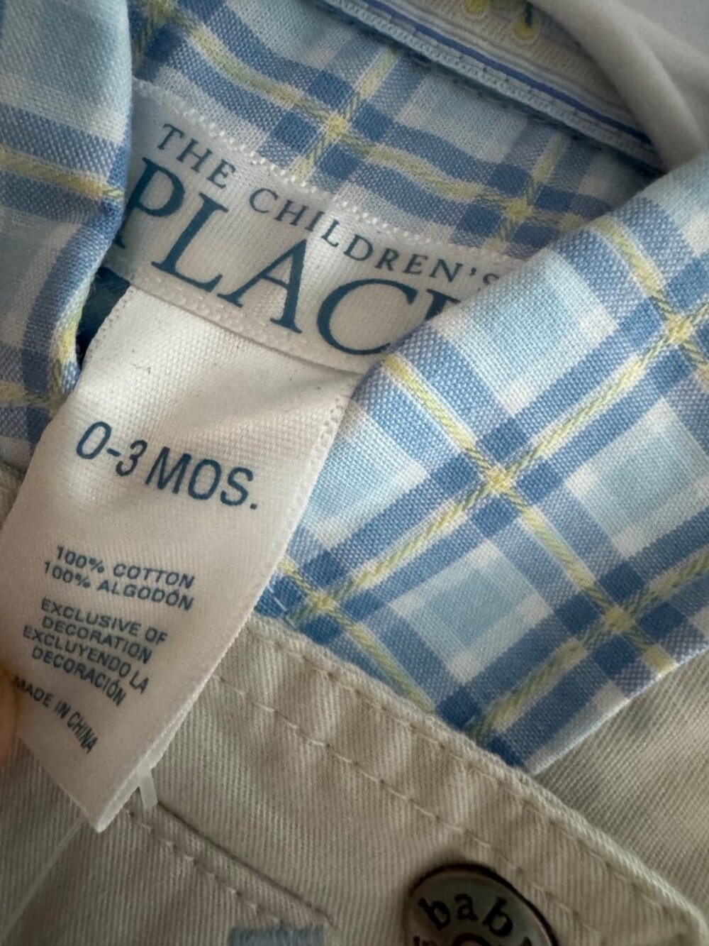 The Childrens Place Baby Boy Overalls Set 0-3M Beige & Blue Plaid - Picture 3 of 5